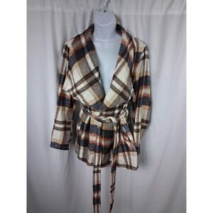 Bloomchic Jacket Womens 12 Brown Plaid Belted Wrap Open Front Plus Size Cozy